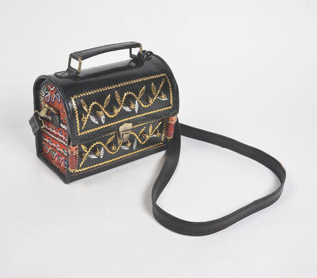 Metallic bells & punchwork kutch leather black bag